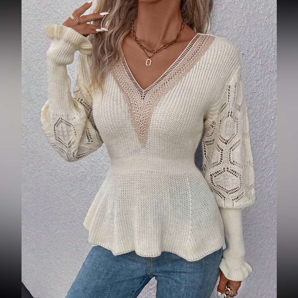 Comfy Sheer Mesh Crochet Guipure Lace Cuff Long Sleeve Peplum Knit Sweater - Picture 4 of 5
